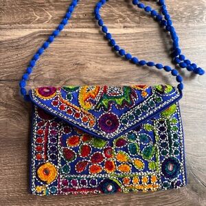 Bohemian Embroidered Multicolor Crossbody Bag with Blue Strap
